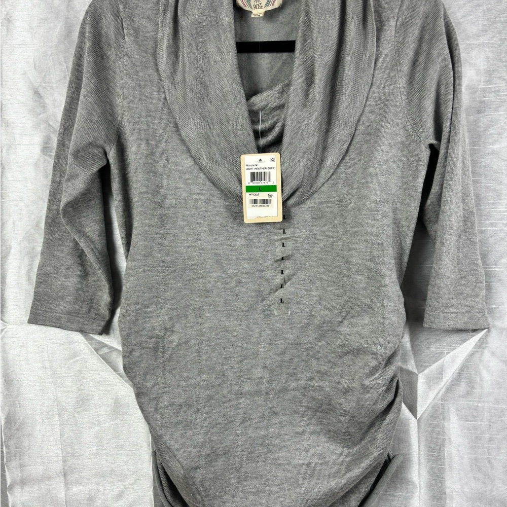 Pink Rose Cowl Neck 3/4  Sleeve Gray/Grey Sweater with Ruched Sides Large